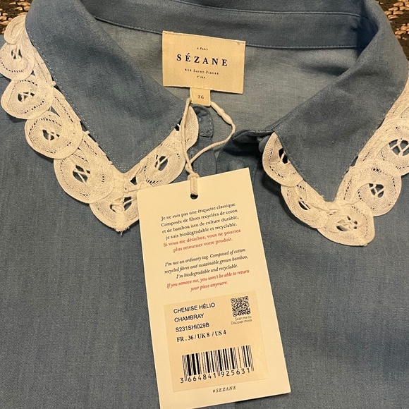 NWT Sezane Helio Shirt 100% Cotton Blouse Chambray- Size 36 or 4 US - Picture 6 of 8